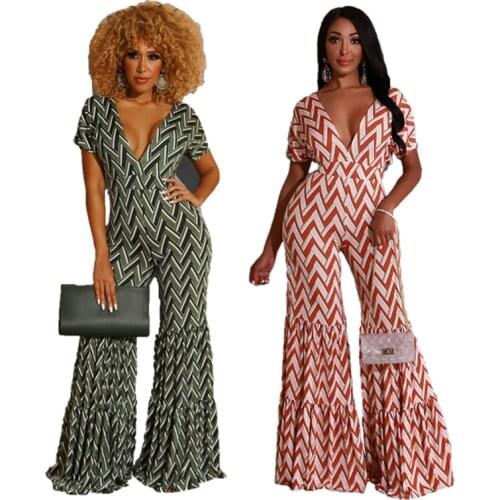 Women Waves Stripes Printed Flare Jumpsuits Sexy Deep V Neck Backless Short Sleeves Pleats Foor Length Spring Summer Pants