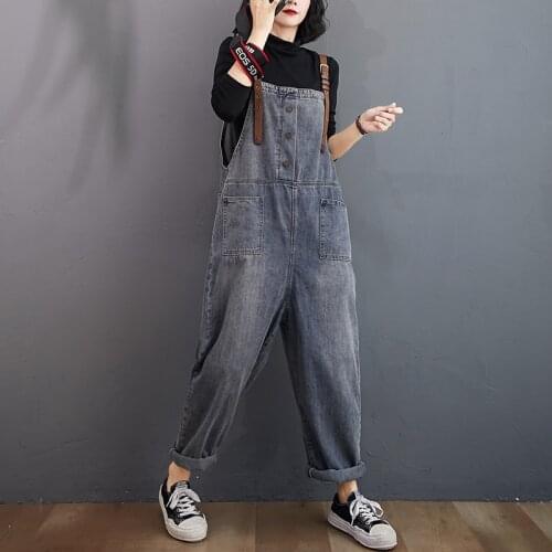 Women Clothing Denim Fabric Patch Rompers Autumn Overalls Women Jumpsuits Big Size Bib Pants Women Overalls Female Rompers