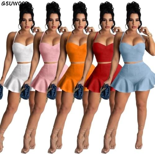 Gsuwoo Womens Casual Sexy Slim Ruffle Shorts Sports Suit Solid Color Camis Top Shorts Skirts Two Pieces Outfits Summer Sets