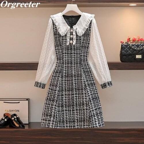 Retro Dot Chiffon Sleeve Patchwork Tweed Dress Women Fall Spring Elegant Sweet Pater Pan Collar Ruffles Plaid Woolen Dress