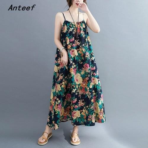 Strap cotton linen vintage floral dresses for women casual loose long summer dress elegant clothes 2021 sundress