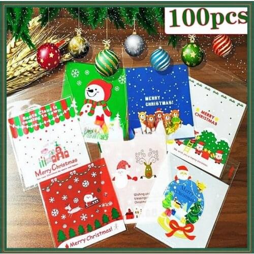 100Pcs Christmas Plastic Bags for Packing Dry Food Santa Claus Xmas Tree Elk Transparent Clear Gift Bags Candy Cookie Storage