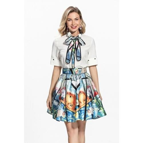 2021 Autume Graffiti Print Shirt Style Belted Top Belted Half Skirt Two-piece Elegant High-quality Two-piece