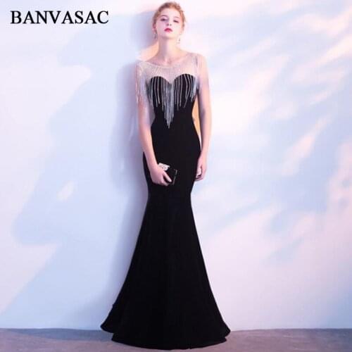 BANVASAC 2018 Velour O Neck Tassel Crystal Mermaid Long Evening Dresses Vintage Beading Party Lace Prom Gowns