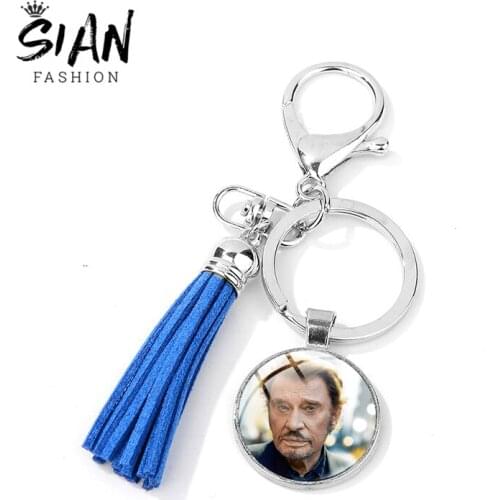 SIAN Classic Singer Johnny Hallyday Tassel Keychain Glass Art Picture Handmade Silver Plated Keyring Musician Collect Trinkets
