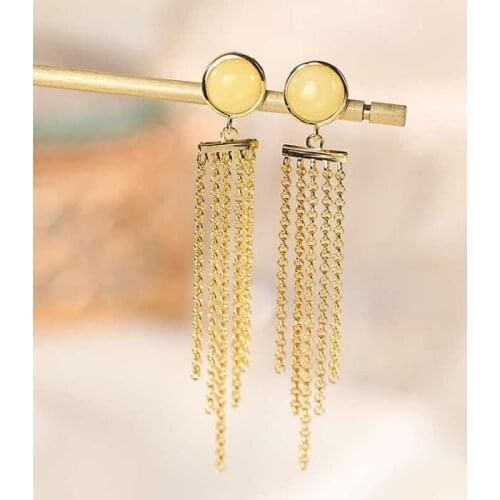Pure S925 Silver Earrings Women Amber tassels Dangle Earrings Fashion Earrings