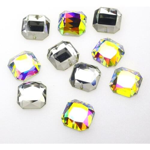 Junjiao Square Octagon flat back glass rhinestone with 2 holes sewn on stone AB color accessories for dress
