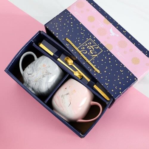 Ceramic Couple Mugs Coffee Mug Gift Box Set Love Heart Marble Milk Tea Cup With Spoon Souvenir Wedding Bridal Lovers Gifts