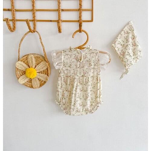 2pcs Baby Girls Floral Print Ruffle Romper+hat Sets Mesh Lace Fly Sleeve Romper Floral Cotton Jumpsuit Infant Summer Clothes Set