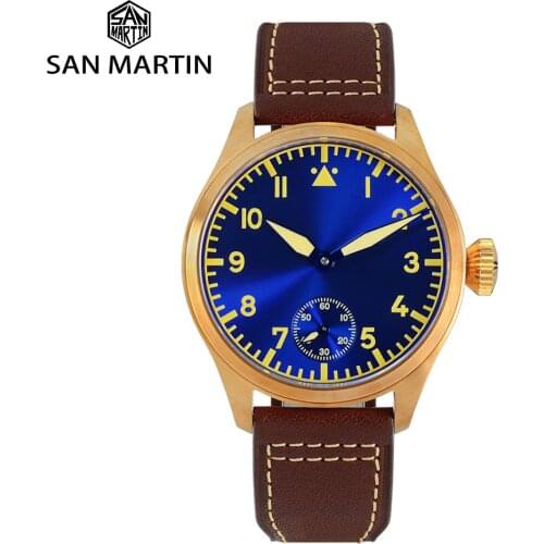 San Martin Bronze Pilot Mens Watch Manual Mechanical Sapphire Leather Strap Luminous Water Resistant See-through Case Back