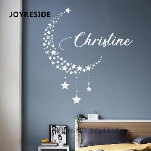 JOYRESIDE Moon Custom Name Wall Decals Kids Bedroom Wall Decor Art Design Wall Sticker Moon Stars Personalized Names Decal WM462