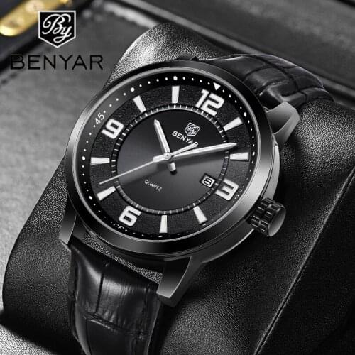 2021 New BENYAR Mens Quartz Watch Top Brand Luxury Watch Mens Fashion Leather Strap Waterproof Calendar Luminous Wristwatches