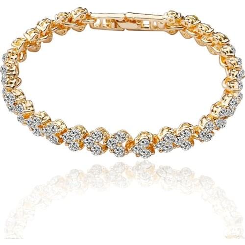 Full Rose Golden Silver Plated Clear Shiny Crystal Clear Zircon Love Heart Shape Charms Connected Elegant Bracelets For Women