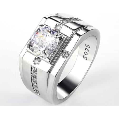 Huitan Luxury Silver Color Round Cubic Zircon Rings for Men Classic Wedding Ceremony Ring Dazzling Male Accessories Jewelry Hot