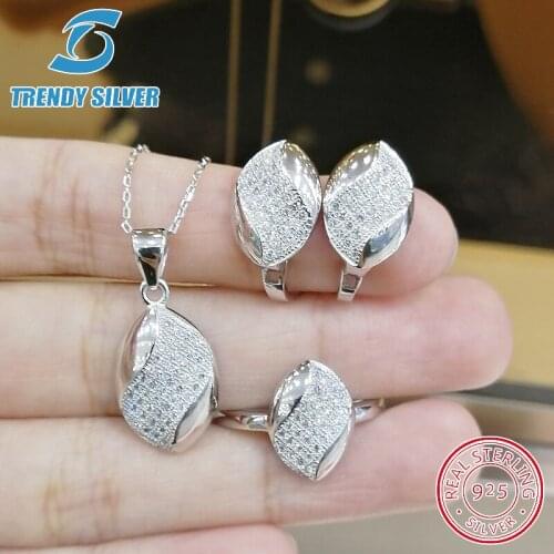 Complete pure 925 sterling silver zirconia clear CZ luxury jewelry set ring earrings for woman pendant necklace trendy design