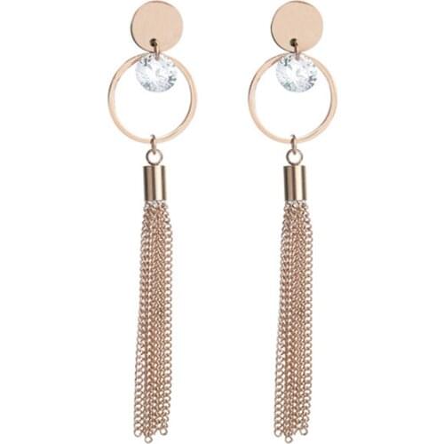 316L Stainless Steel Rose Gold Titanium Steel Earrings Womens Circle Tassel Earrings Zircon Popular Long Earrings Not Fade