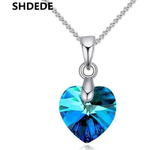 SHDEDE Heart Necklace Pendant Crystals From Swarovski For Women Girls Gifts Chain Kids Jewelry Decorations +*50