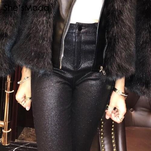 ShesModa PU Leather Fleece Bright Spandex Fabric Womens Winter Long Slim Fit Mid-waist Pencil Pants