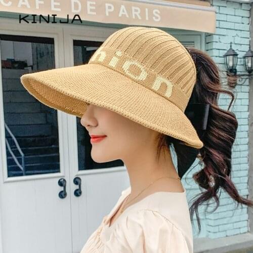 Summer women wide brim knit empty hat ladies outdoor fashion sun protection hats and caps beach Ponytail letter visor straw cap