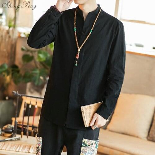 Traditional Chinese wushu shirt clothing for men top oriental mandarin collar shirt linen male kimono outfit clothes Q582