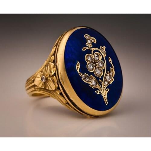 Vintage Women Zircon Blue Enamel Carved Flower Ring Punk Hip Hop Finger Ring Cocktail Anniversary Party Rhinestone Ladies Rings