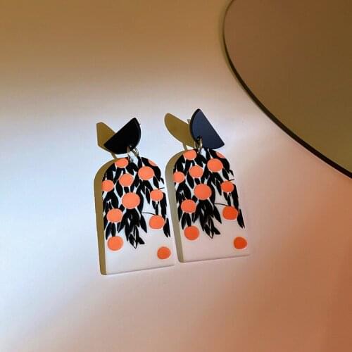 Vintage Creative Flower Graffiti Square Acrylic Drop Earrings Japanese Style Unique Resin Funny Earrings for Women Girls Jewelry