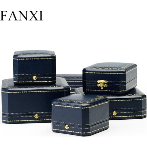 FANXI Elegant Blue Color PU Leather Gift Box Ring Necklace Bracelet Packaging Boxes with lock for Wedding Proposal Gifts Holder