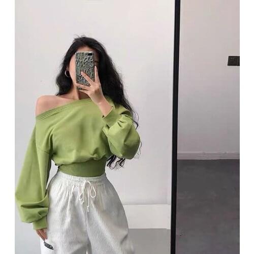 Sweatshirt women autumn and winter new style hem slit slanted shoulder long-sleeved top bat sleeve design zipper hoodies women