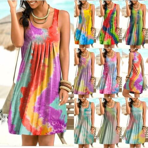 Summer New Fashion O Neck Womens Mini Dress 2021 Casual Loose Tie Dye Print Sleeveless Folds Ladies Vest Beach Dress Plus Size