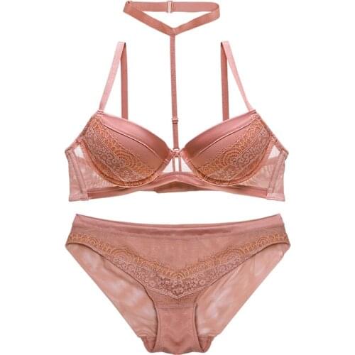 Women Bra Set Push Up with Removable Halter Underwire Padded Eyelash Decoration D Cup 4 Colours Lingerie Set