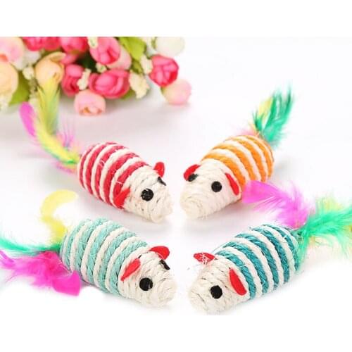 Interactive Toys for Cats Pet Sisal False Mouse Mice Scratching Playing Toy with Colorful Feather Mini Mouse Cat Toy Pet Product