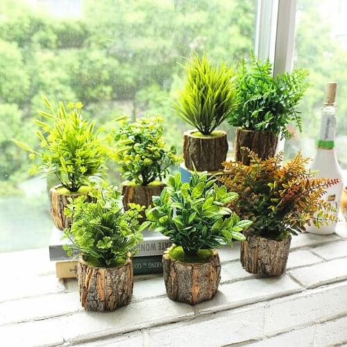 Simulation Bark Potted Plant Table Potted Ornaments Home Decoration Plastic Artificial Green Plants