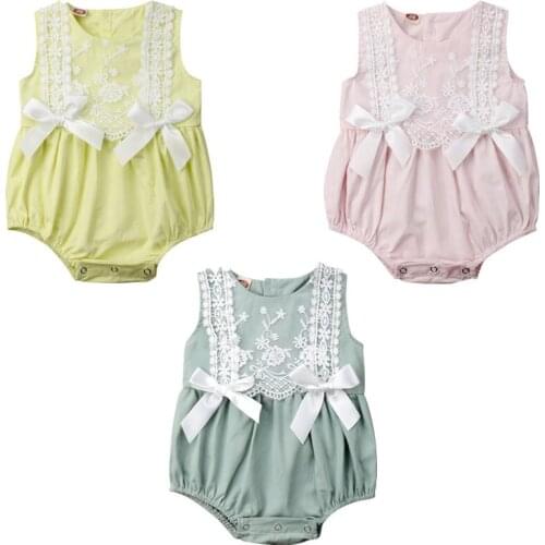 2020 New Cute Infant Toddler Baby Girls Summer Sleeveless Lace Bowknot Romper Cotton Jumpsuit 3 Color Baby Clothing