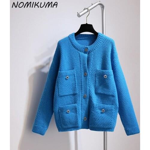 Nomikuma Korean Causal Pockets Sweater Coat 2021 Autumn Winter New Pull Femme Long Sleeve O-neck Women Knitted Cardigan 6Z248