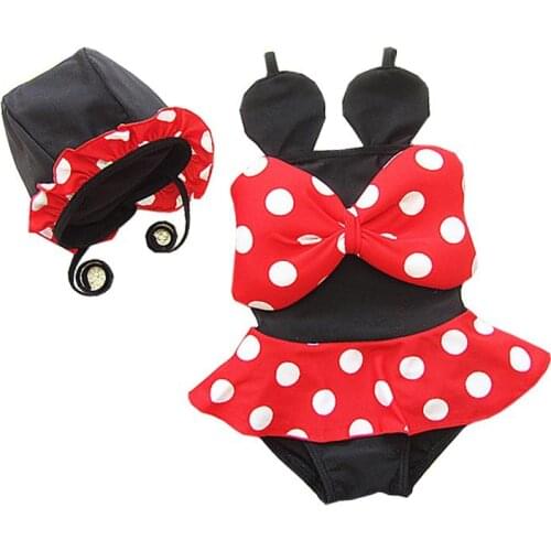 2020 Dots Girls Swimwear Cap Flounce One Piece Kids Swimming Suits Cute Beach Children Bathing Suit Baby Girl Bodysuit
