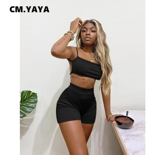 CM.YAYA Summer Tracksuit Solid Spaghetti Strap Bandage Backless Crop Tops Elastic Shorts 2 Piece Sets Sexy Sweatsuit Outfit