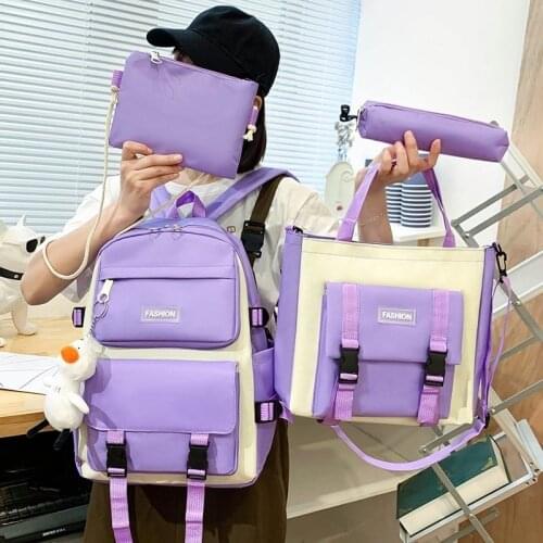 4-piece Set Fashion Womens Backpacks trend Canvas Large Capacity School Bags For Girls Travel Bag Waterproof Student 2021