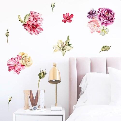 Painted Peony Lily Flowers Art Decals DIY Home Decor Removable PVC Mural Wall Stickers Adhesive Paper