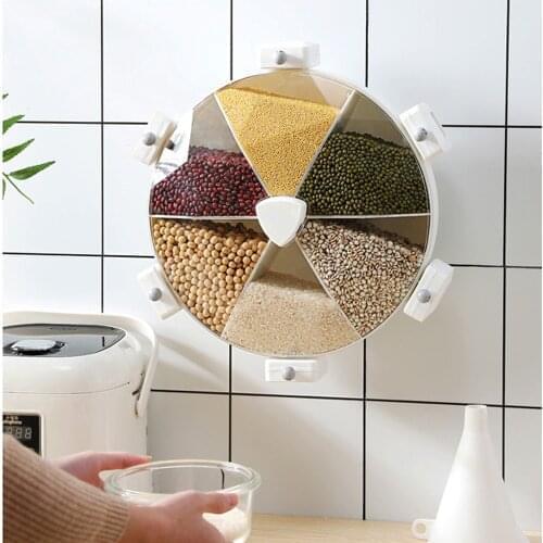 Wall-Mounted Grain Storage Box Rotatable Grain Rice Multi-Compartment Storage Rack Kitchen Accessories Food Organizers