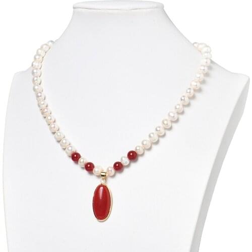 New Fashion Oval Shape 16x32x6mm Dark Red Pendant and 8-9mm Natural Red and White Pearls For Diy Necklace 18inch Wholesale H511