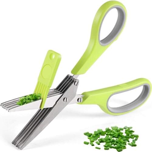LMETJMA 5 Blade Herb Scissors Stainless Steel Onion Herb Scissors with Cleaning Brush Kitchen Scallion Chopper Cutter KC0271