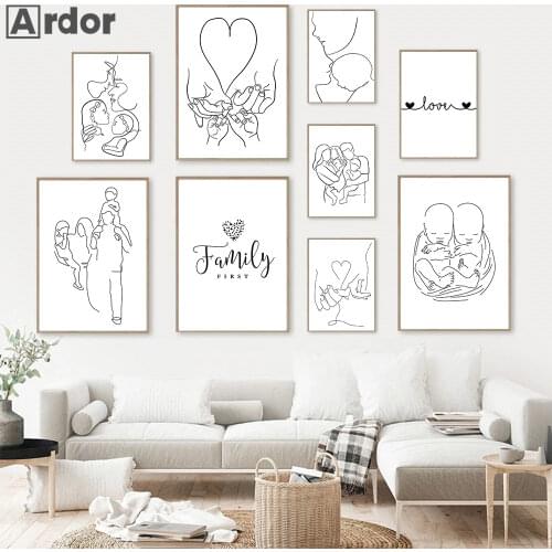 Kiss Hand Posters Family Portrait Abstract Line Drawing Print Dad Mom Son Daughter Wall Art Canvas Painting Pictures Home Decor