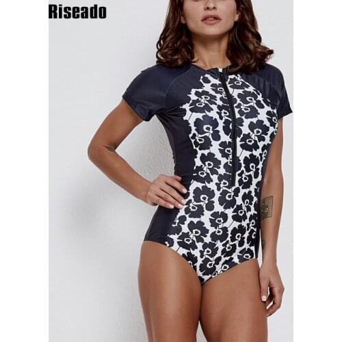 Riseado Floral Printing One Piece Swimsuit Women Short-sleeved 2021 Swimwear Women Zipper Design Rash Guards Bathing Suits