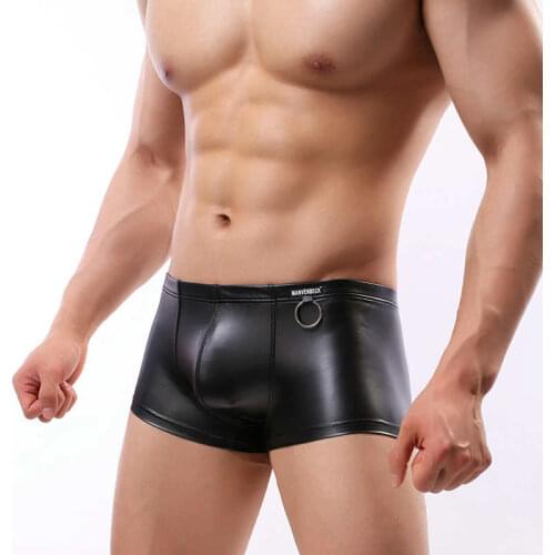 Sexy Mens Faux Leather Underwear Boxer Shorts 2019 Males New Cueca Sexy Wet look Bulge Pouch Boxershorts Trunks Underpants M-XL