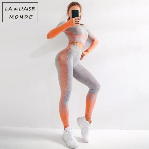 Sexy Seamless Set 2 Piece Push Up Leggings Tight Top Running Long Sleeve Yoga Sport Fitness Set Clothes Yoga Gym Suit