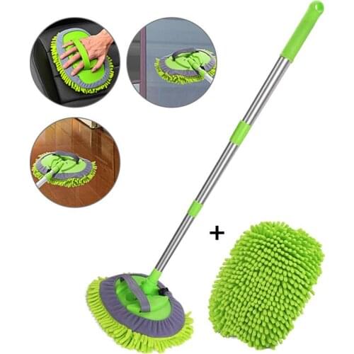 Car Wash Mop Mitt with Rotatable Long Handle 2 in 1 Chenille Microfiber Car Wash Dust Brush Auto Care Detailing Cleaning Tool