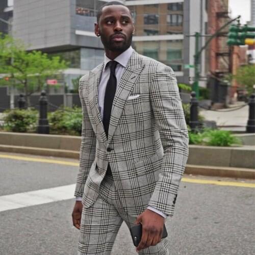 Light Gray Striated Mens Suits Peaked Lapel Wedding Male Blazer Tailored Formal Tuxedos Checked Prom Jacket And Trousers