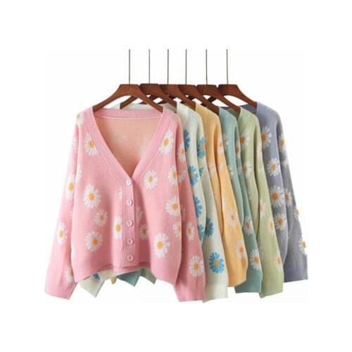 Little Daisy Sweater Sweet Cardigan Top Floral Print Womens Sweaters 2021 V Neck Casual Pull Femme Loose Knit Sweater Female