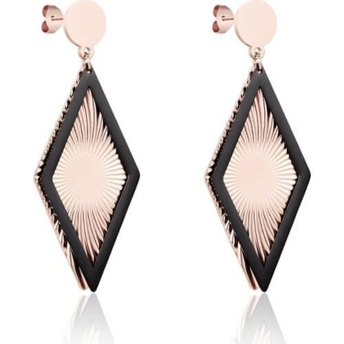 Unique Design Rose Gold Circle Hanging Rhombus Black Frame Spiral Shape Earrings Titanium Steel Dangle Earrings Engagement Gift