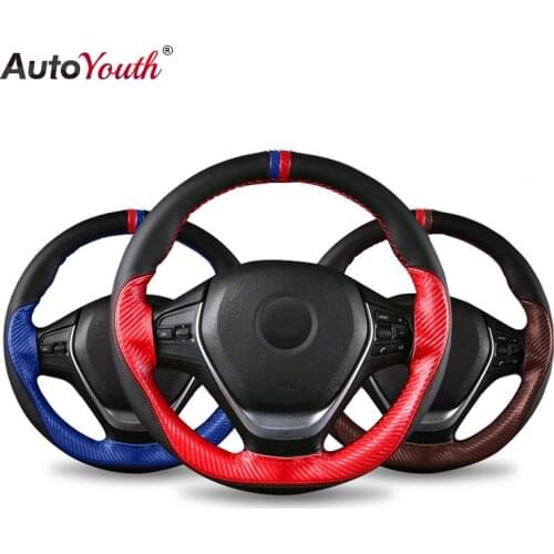 AUTOYOUTH DIY Universal Microfiber Leather Car Steering Wheel Cover Black With Red Line Non-Slip 38cm / 15'' w/Needle Thread